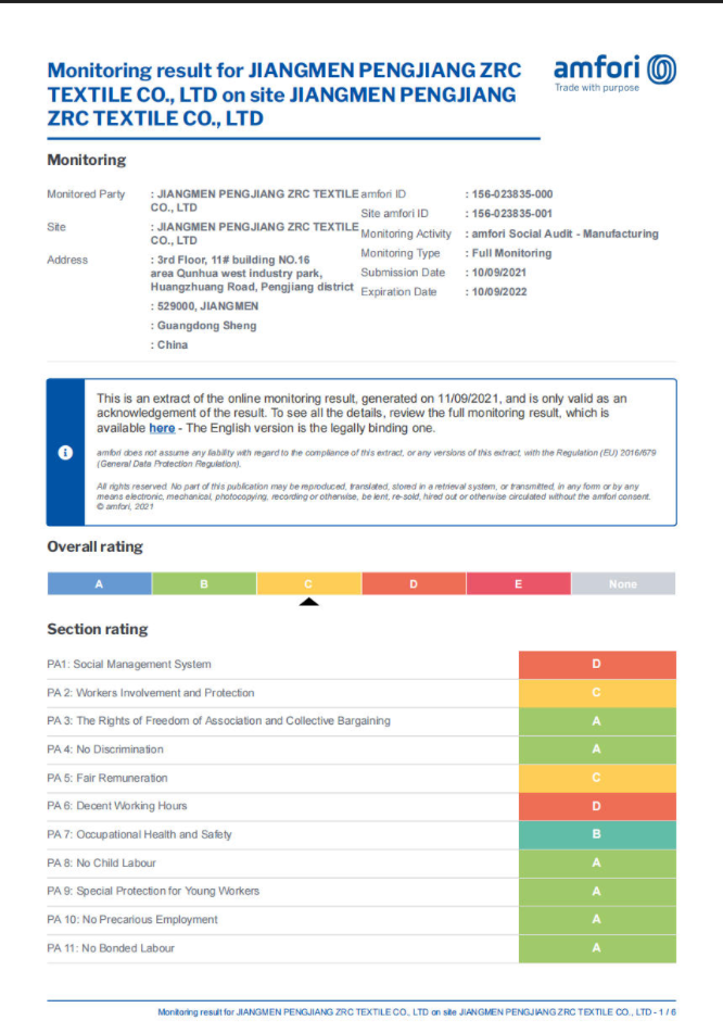 ZRC Textile BSCI certification document for ethical manufacturing compliance