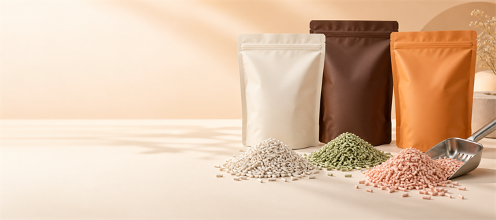 ZRC cat litter product range - tofu, cassava, bentonite and mixed litter granules with packaging samples