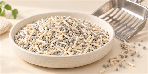 Mixed cat litter - combination of tofu and bentonite or mineral granules