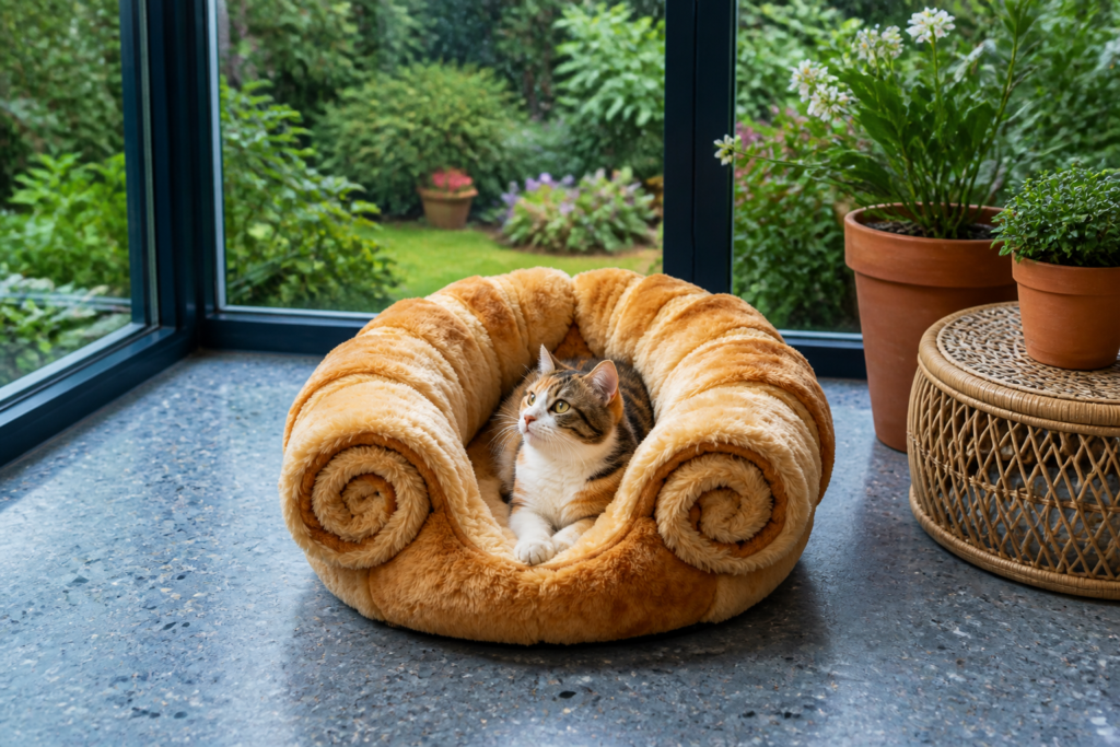 CW081 open cat sofa bed with supported sides and recessed resting area