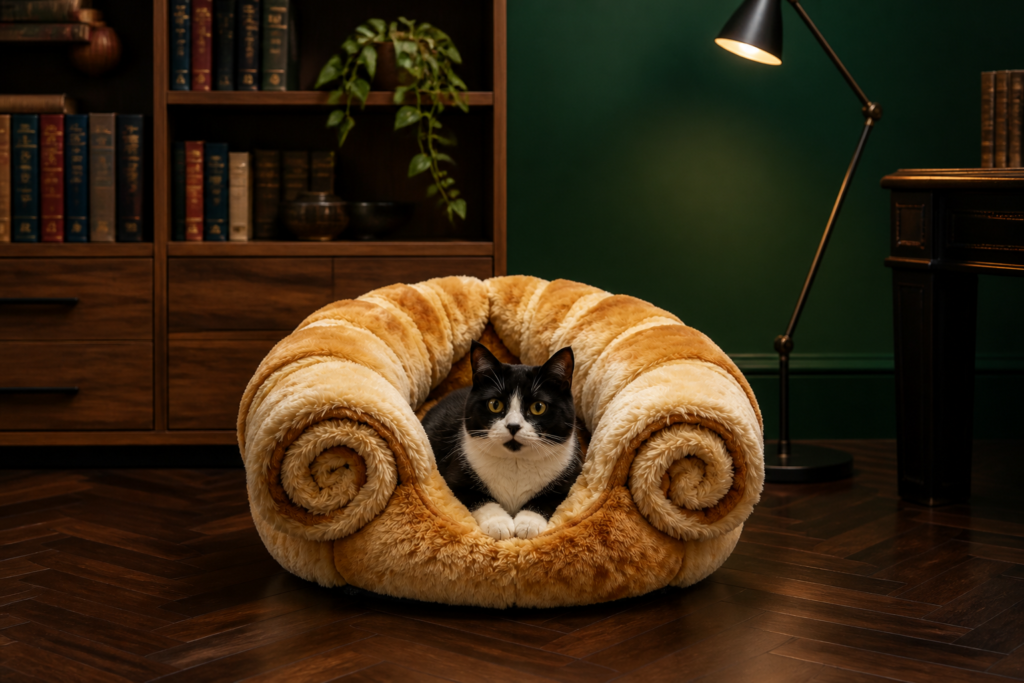 CW081 open cat sofa bed with supported sides and recessed resting area
