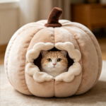 CW082 pumpkin-shaped cat cave bed with beige segmented exterior and front entrance`