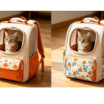 CW095 floral cat backpack carrier showing a cream body, orange trim, round front window, shoulder straps, handle and two illustrated front-pocket patterns