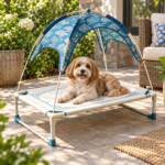 CW106 canopy elevated pet cot in a realistic pet-use scene