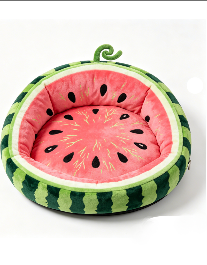 CW114 watermelon round cat bed in a realistic pet-use scene