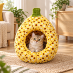 CW115 pear-shaped cat cave bed in a realistic pet-use scen