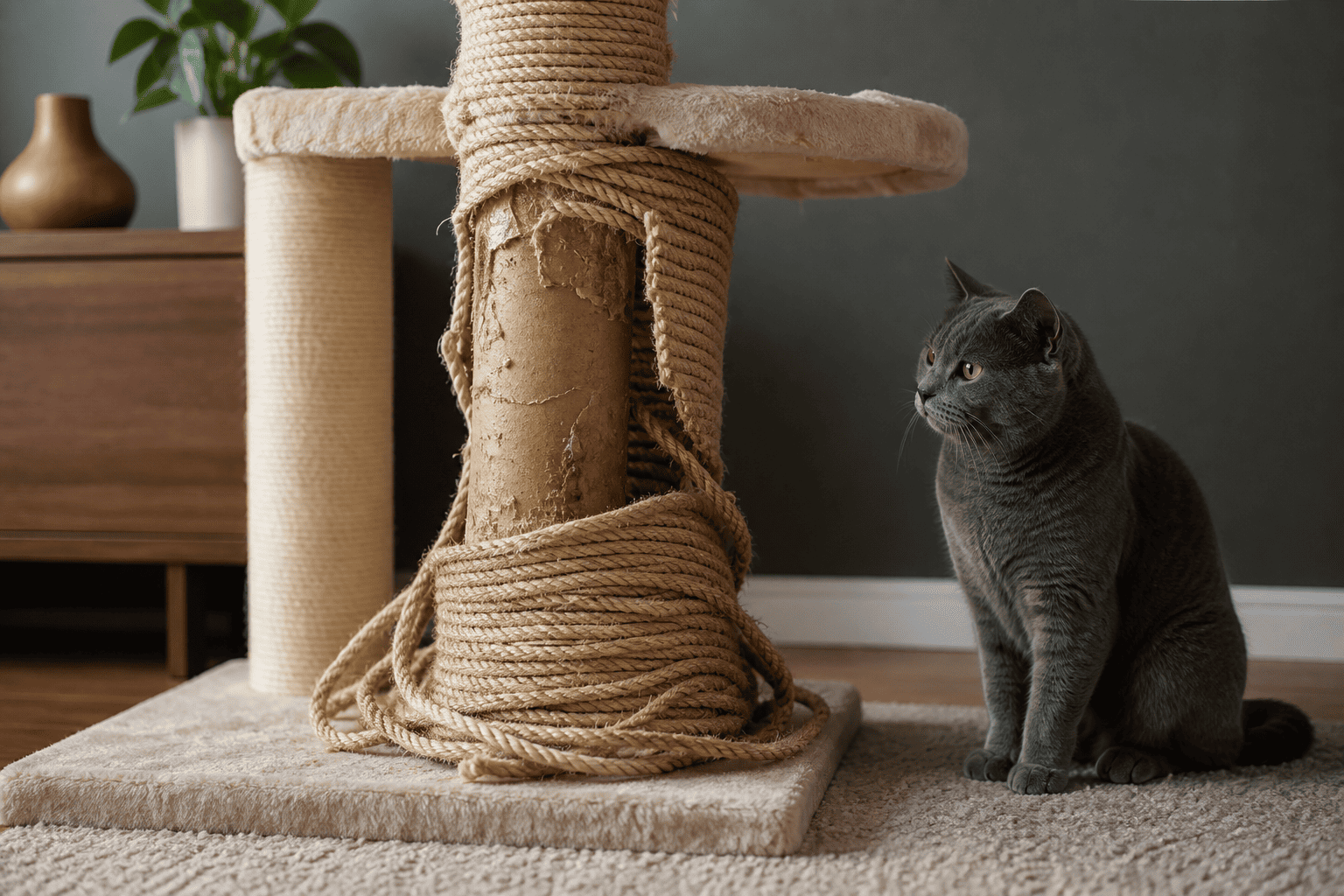 Low-grade sisal rope frays quickly sisal rope cat tree failure