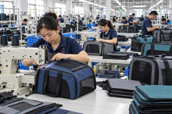 Factory in Guangdong assembling soft-sided pet carriers Guangdong pet product assembly